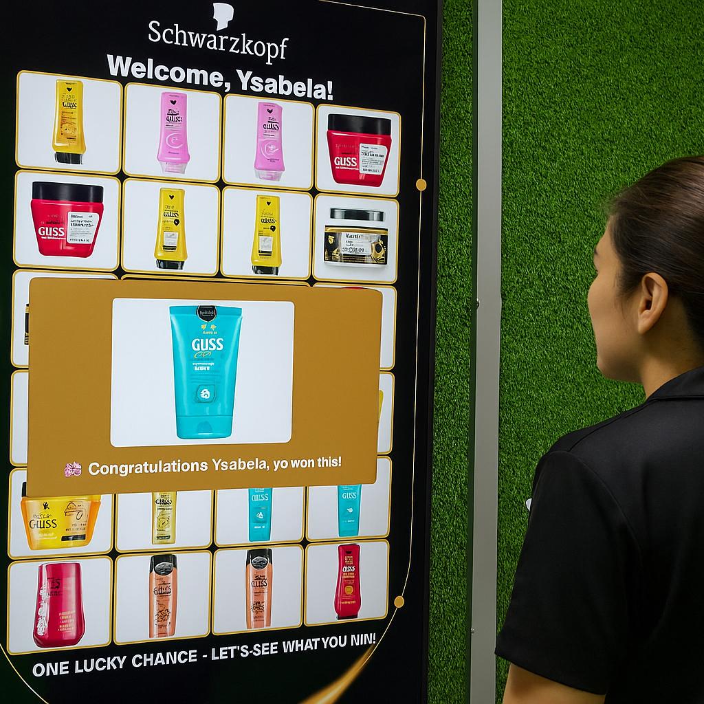 Guest playing Scan & Win interactive game by scanning QR code at a mall activation event in Dubai, with live name display and prize reveal on a big screen.